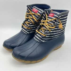 Sperry Saltwater Navy Blue Striped Canvas Waterproof Duck Boots W 8 Nautical
